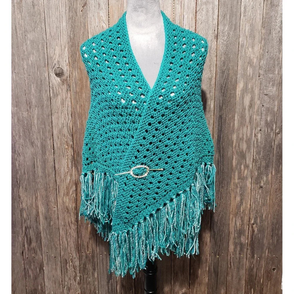 NEW Jade‎ Green Shawl Scarf Wrap Boho Eyelet Hand Knit Coastal Coquette Fairy